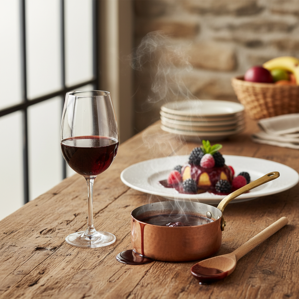 Uma taça de vinho Mavrodaphne ao lado de uma panela com molho e uma sobremesa, em um ambiente de cozinha rústica, representando a versatilidade do vinho em receitas.