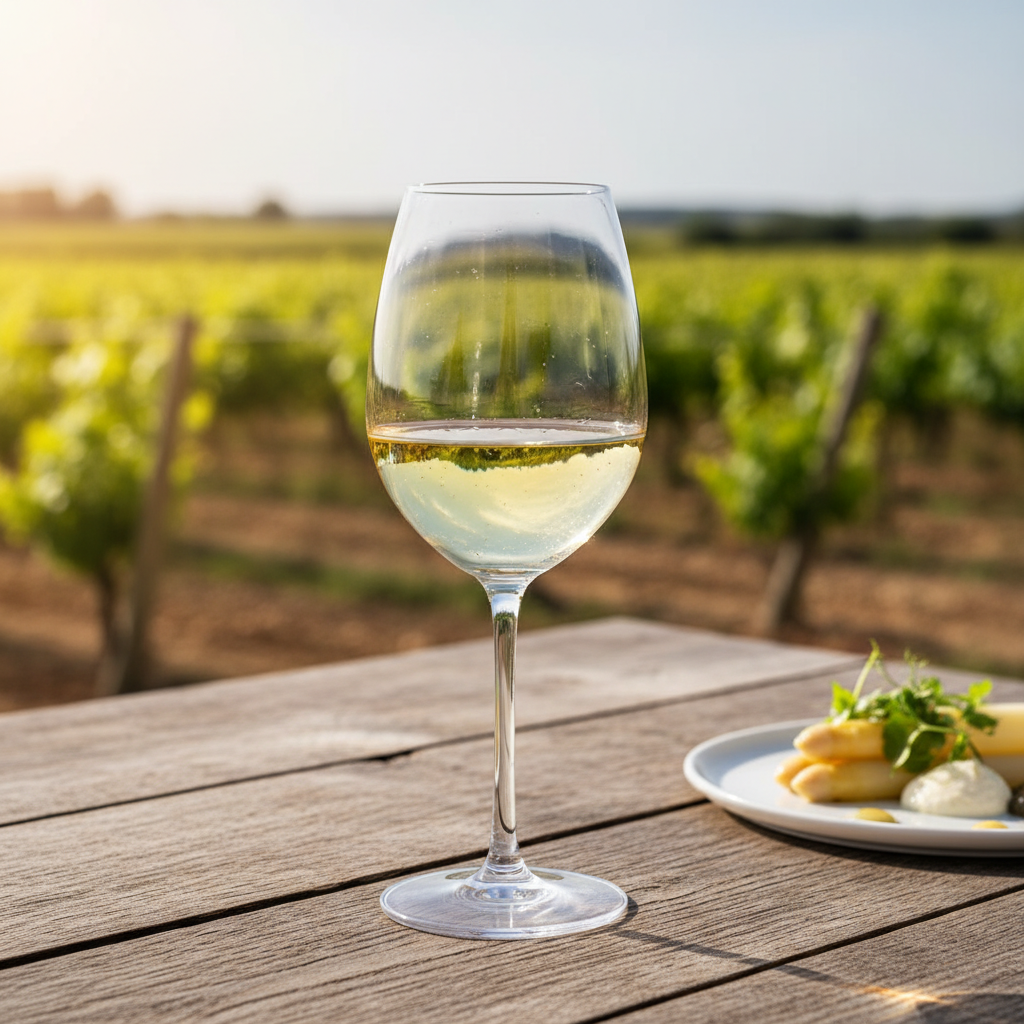 Taça de vinho Verdejo sobre mesa de madeira rústica com vinhedo espanhol ao fundo e prato gourmet levemente desfocado, evocando uma experiência gastronômica.