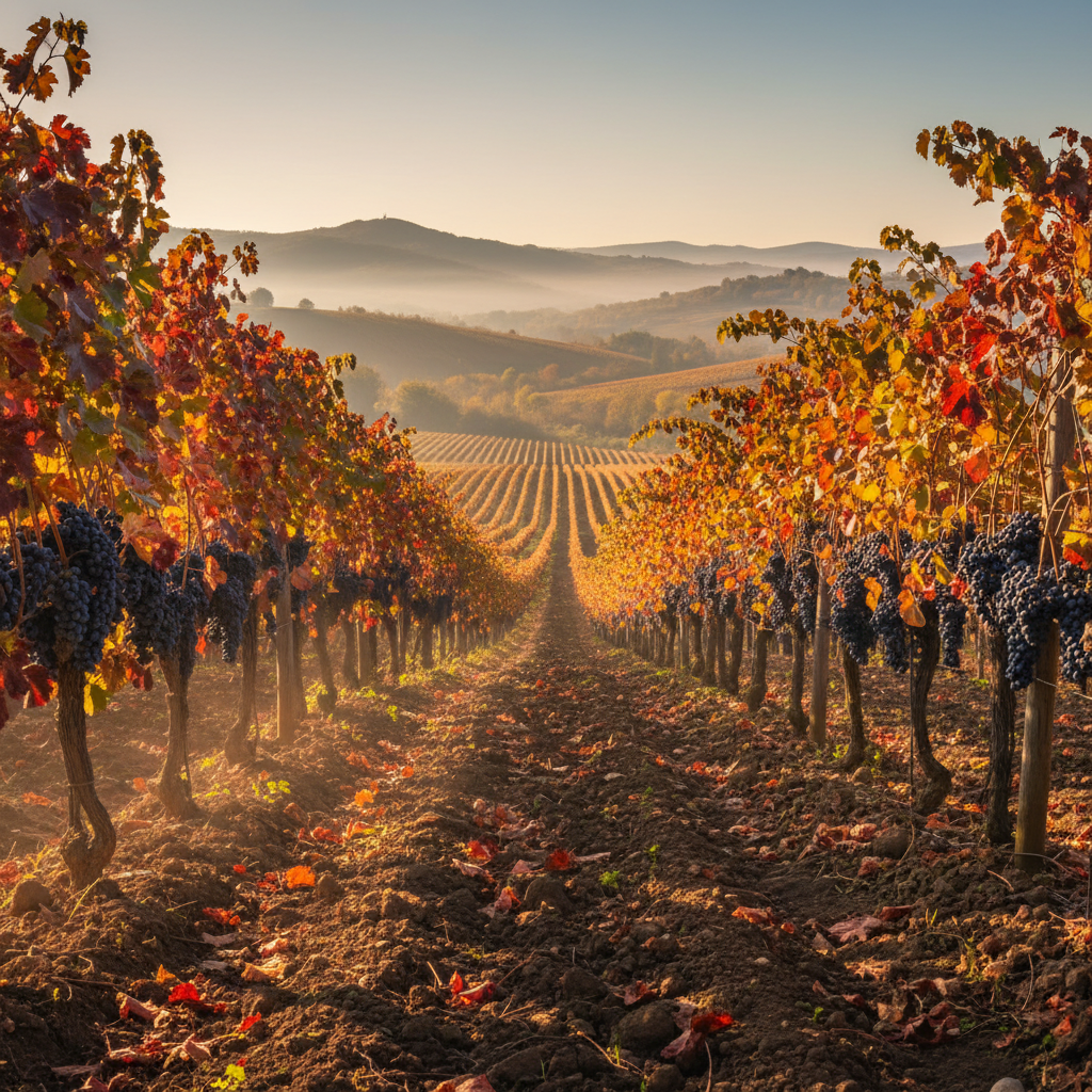 Vinhedo de uvas Refosco em pleno outono, com folhagem avermelhada e bagas escuras, sob um céu dramático, transmitindo a riqueza do terroir.