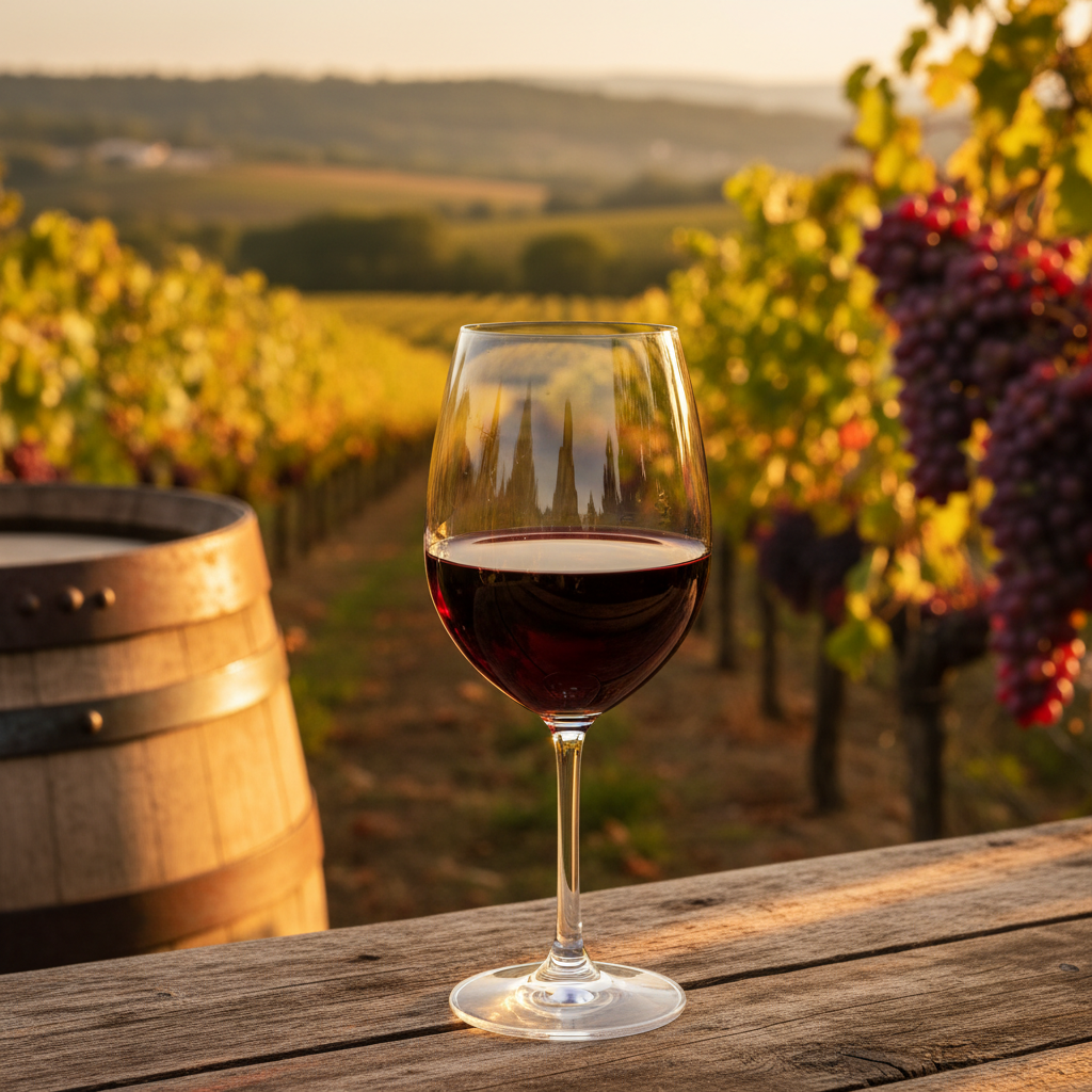Taça de vinho tinto Refosco com vinhedo de uvas vermelhas em foco suave ao fundo, iluminado pelo sol.