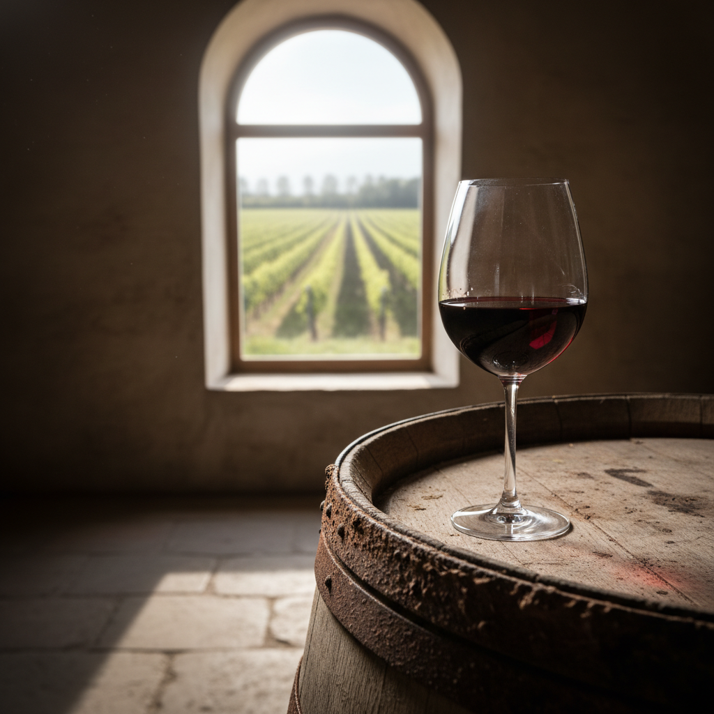 Taça de vinho tinto Refosco sobre um barril de carvalho em uma adega rústica, com um vinhedo ao fundo.