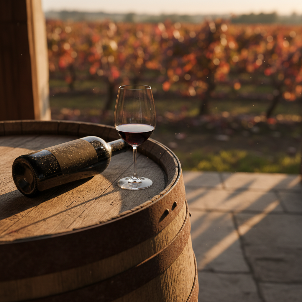 Garrafa de vinho Refosco envelhecido em adega rústica, com taça de vinho tinto e vinhedo ao fundo.