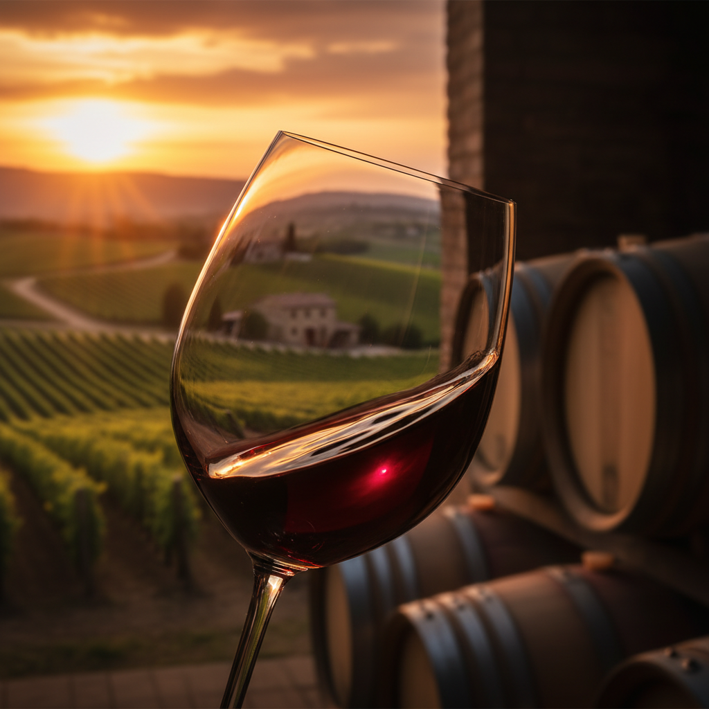 Taça de vinho Refosco com reflexos avermelhados, ao fundo um vinhedo do Friuli ao pôr do sol e barris de carvalho em uma adega.