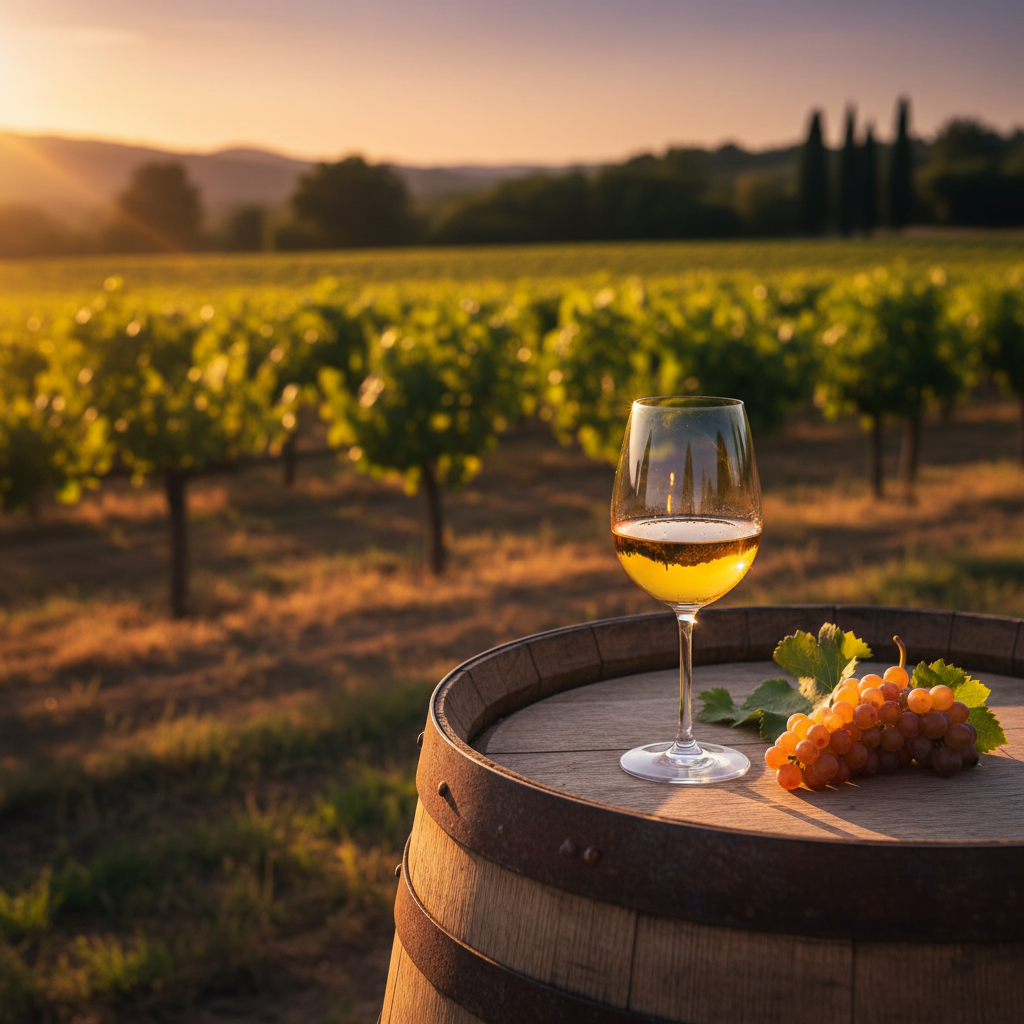 Taça de vinho Sémillon dourado sobre barril de carvalho em um vinhedo de Sémillon ao pôr do sol.