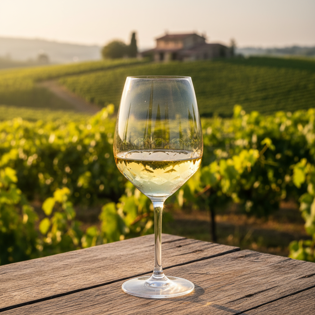 Taça de vinho Roero Arneis de cor palha clara em uma mesa rústica, com um vinhedo ensolarado de uvas Arneis no Piemonte, Itália, ao fundo.