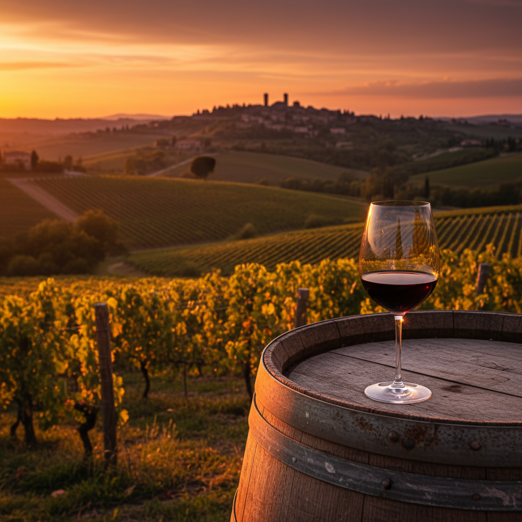 Paisagem de vinhedos de Brunello em Montalcino ao pôr do sol, com uma taça de vinho tinto sobre um barril de carvalho e a cidade histórica ao fundo.