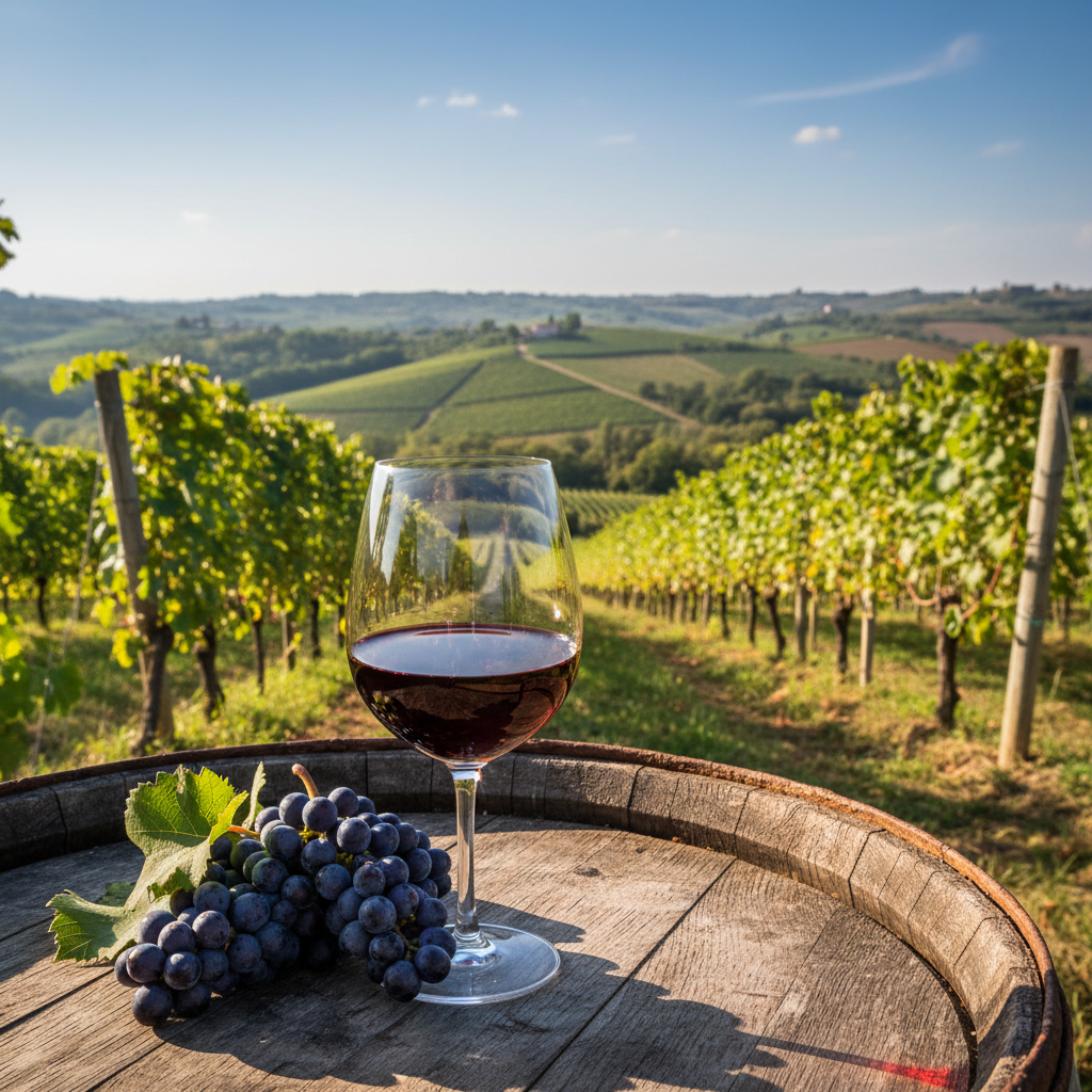 Taça de vinho tinto Refosco sobre barril de madeira em um vinhedo ensolarado no Friuli-Venezia Giulia, Itália, com uvas frescas.