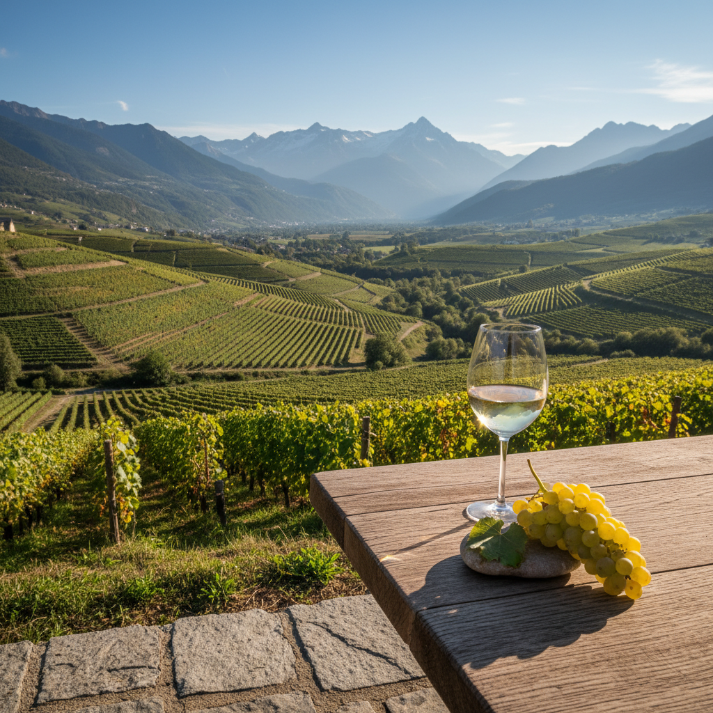 Vinhedos de Jacquère na Savoie com os Alpes ao fundo, e uma taça de vinho branco sobre uma mesa rústica.