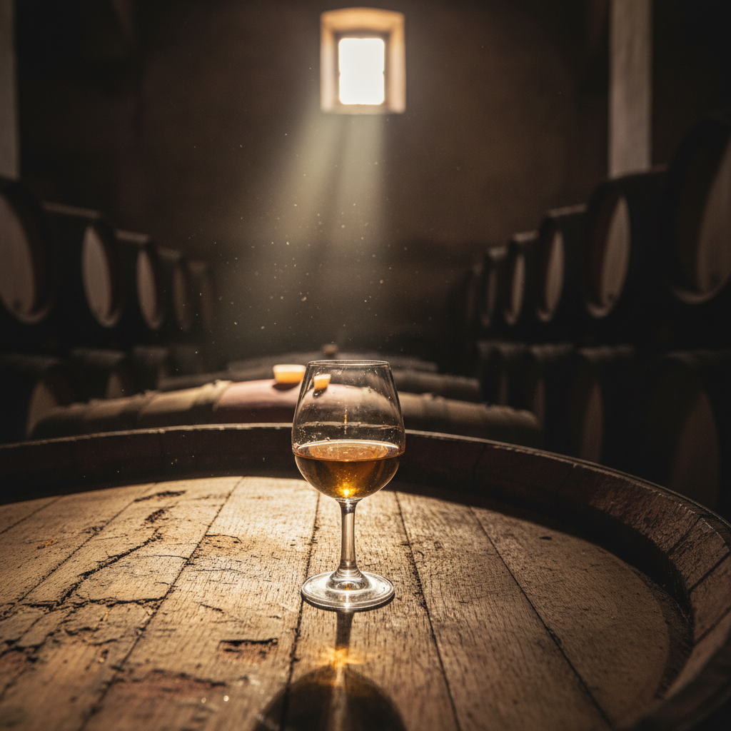 Taça de vinho Palomino dourado repousando sobre um barril de carvalho dentro de uma bodega tradicional em Jerez, Espanha.