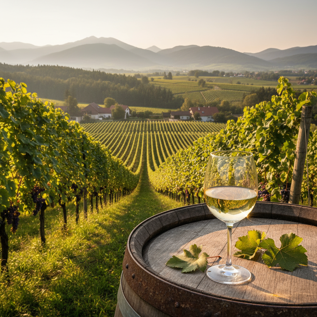 Vinhedo austríaco exuberante ao pôr do sol, com uma taça de vinho branco Rotgipfler sobre um barril de madeira, destacando a beleza da região produtora.
