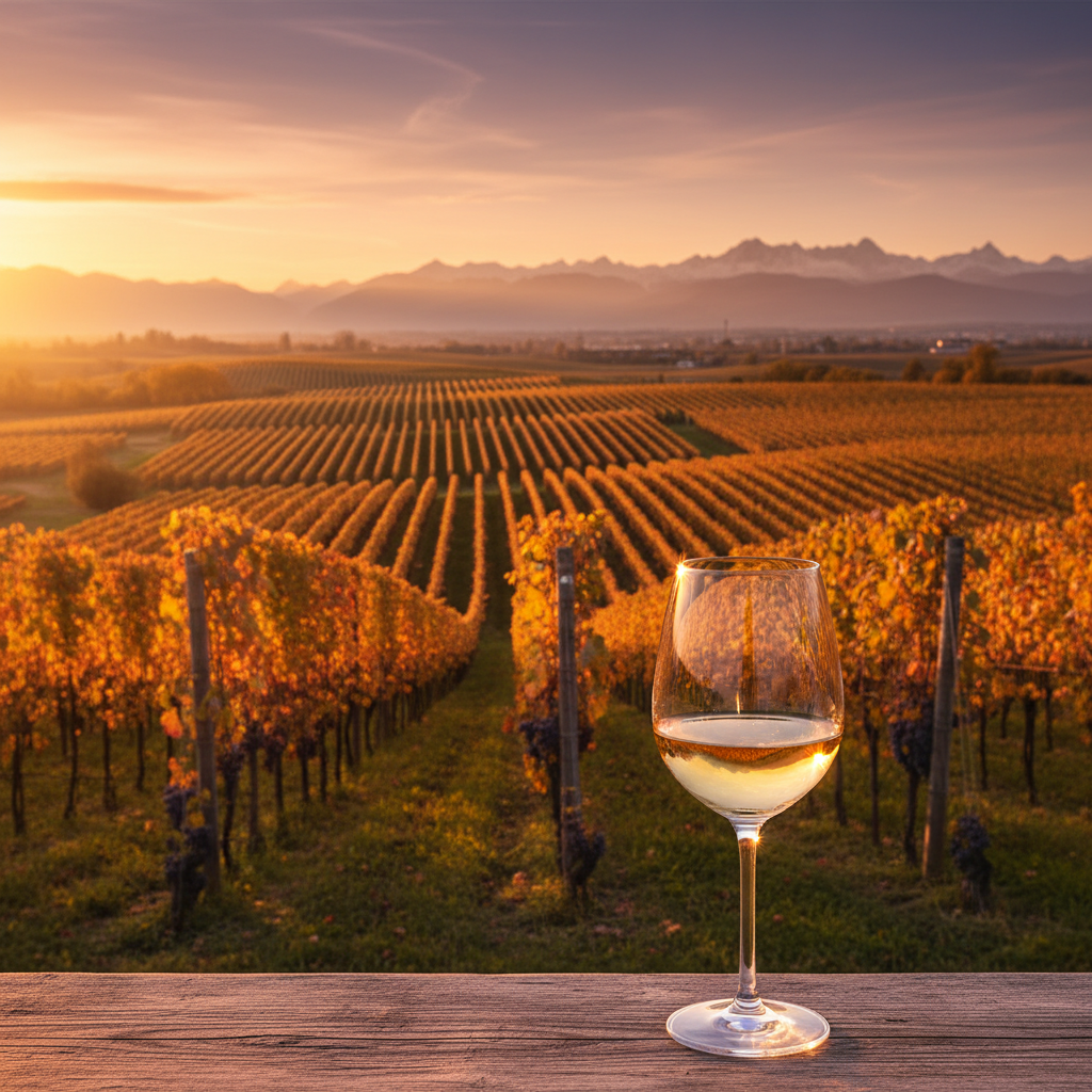 Taça de vinho branco em um vinhedo austríaco ao pôr do sol, refletindo a luz dourada.