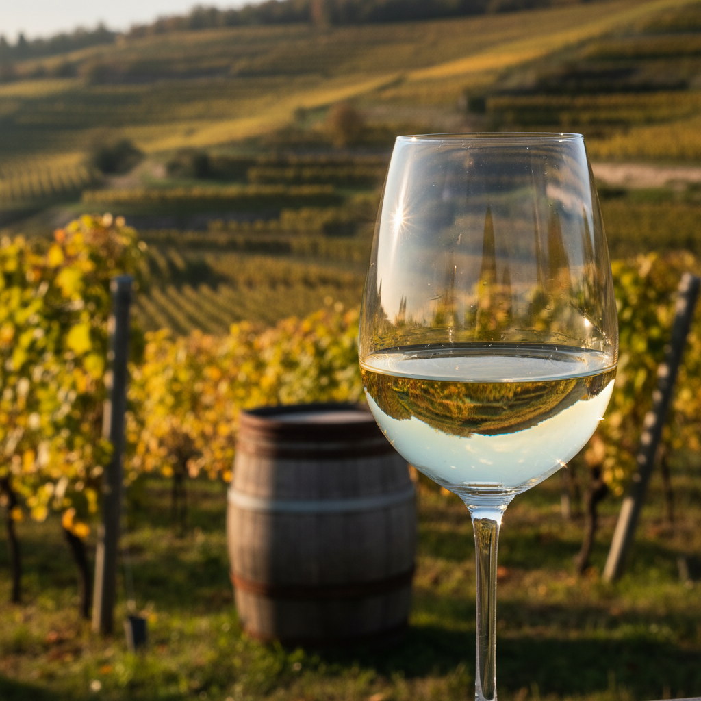 Taça de vinho branco Rotgipfler em um vinhedo austríaco ao pôr do sol, com um barril de madeira ao fundo.