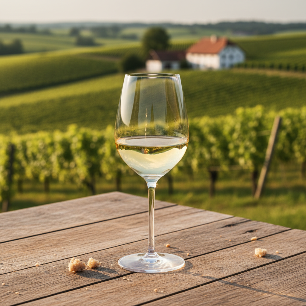 Uma taça de vinho branco Rotgipfler sobre uma mesa de madeira rústica, com um vinhedo ensolarado da Thermenregion, Áustria, ao fundo.