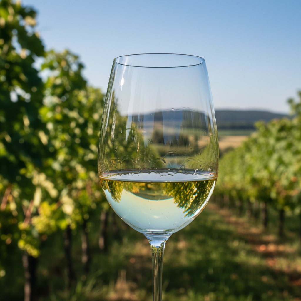 Taça de vinho branco Rotgipfler com fundo desfocado de vinhedos austríacos ao sol