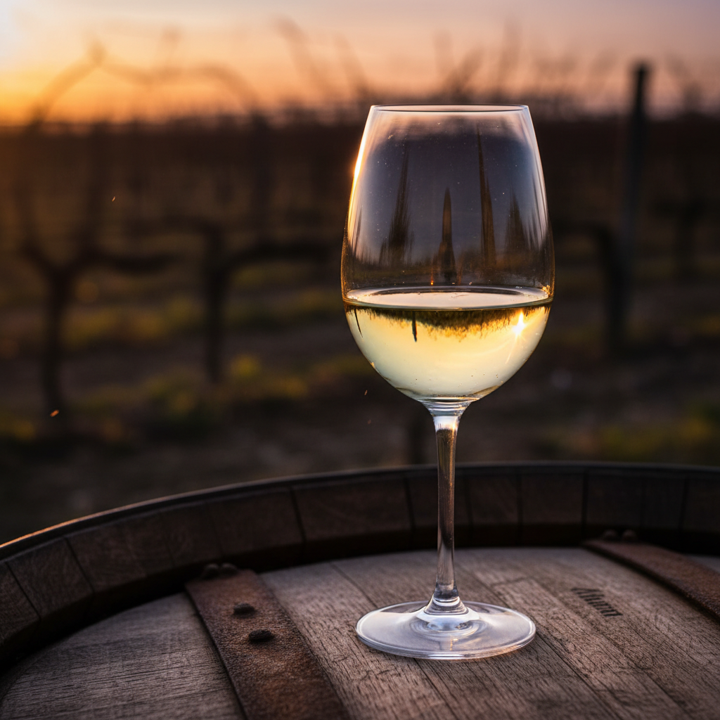 Taça de vinho branco dourado sobre barril de carvalho em adega rústica, com vinhedo ao pôr do sol ao fundo, simbolizando o segredo da Roussanne em blends.