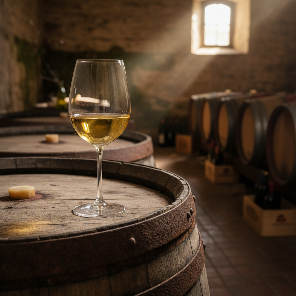 Taça de vinho Roussanne de cor dourada repousando sobre um barril de carvalho dentro de uma adega rústica e iluminada.