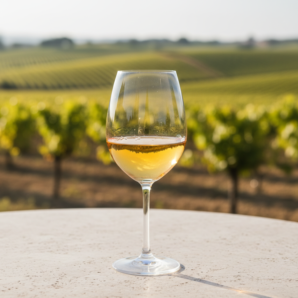 Taça de vinho Roussanne com reflexos dourados em uma superfície de pedra, com um vinhedo ensolarado ao fundo.