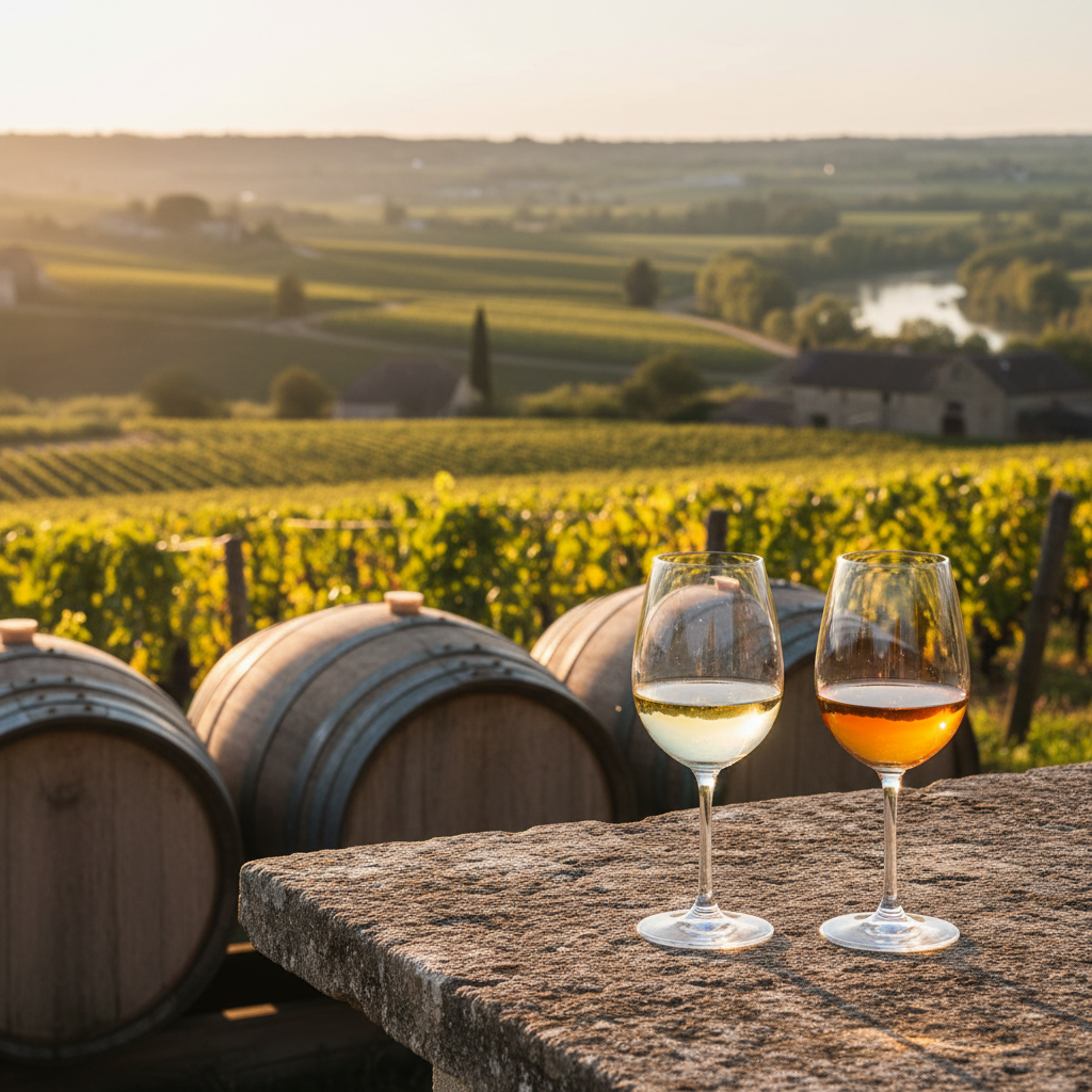 Duas taças de vinho branco em mesa de pedra rústica, com vinhedos do Vale do Rhône e barris de carvalho ao fundo.