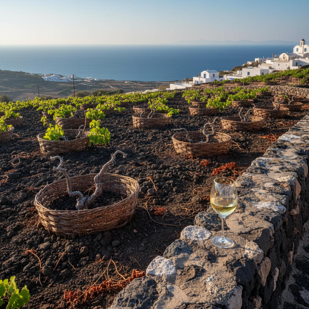 Vinhedo de Assyrtiko em Santorini com videiras em formato de cesto sobre solo vulcânico escuro, tendo o Mar Egeu azul profundo e casas brancas ao fundo. Uma taça de vinho branco repousa em um muro de pedra.