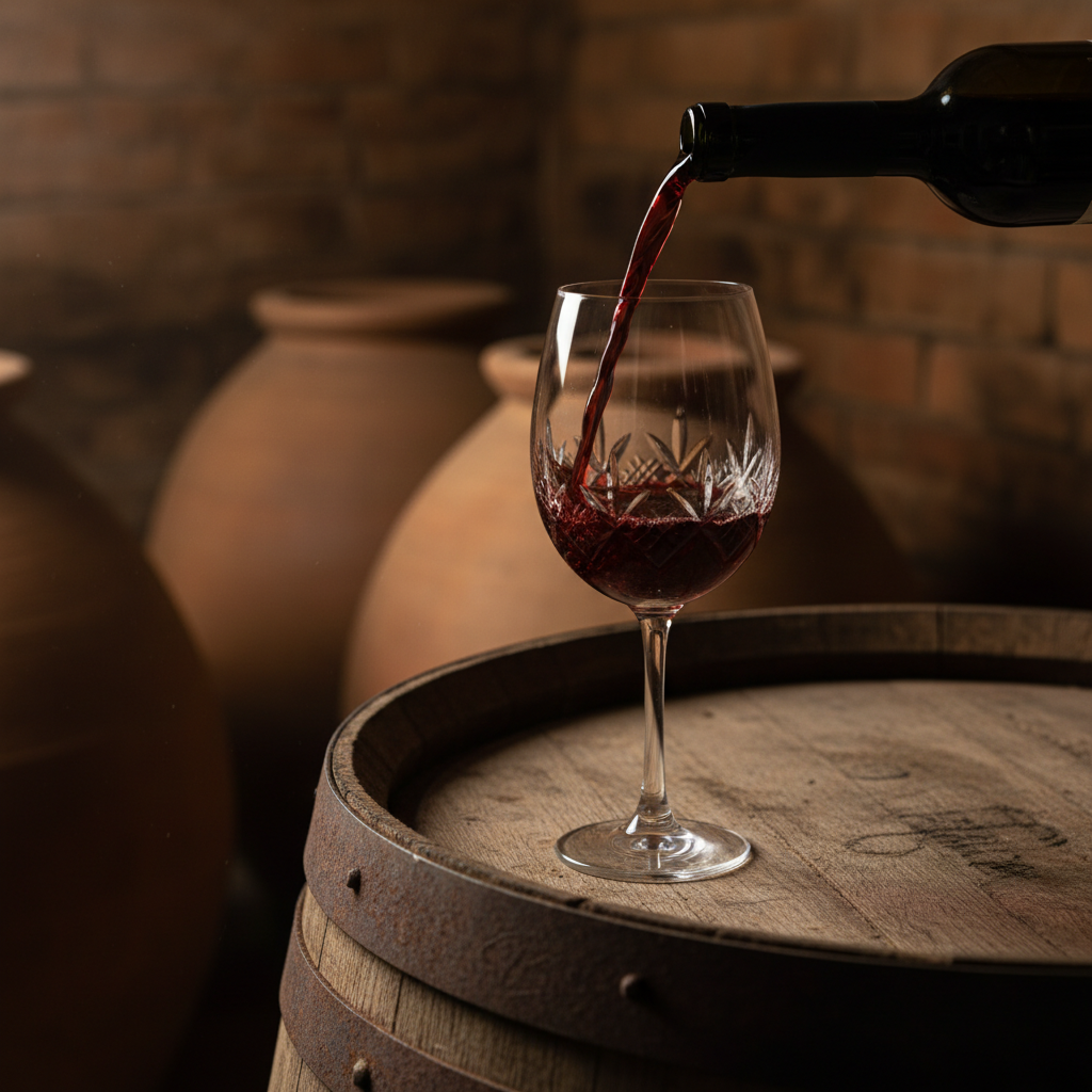 Taça de vinho Saperavi em barril de madeira rústico com qvevris ao fundo em adega georgiana.