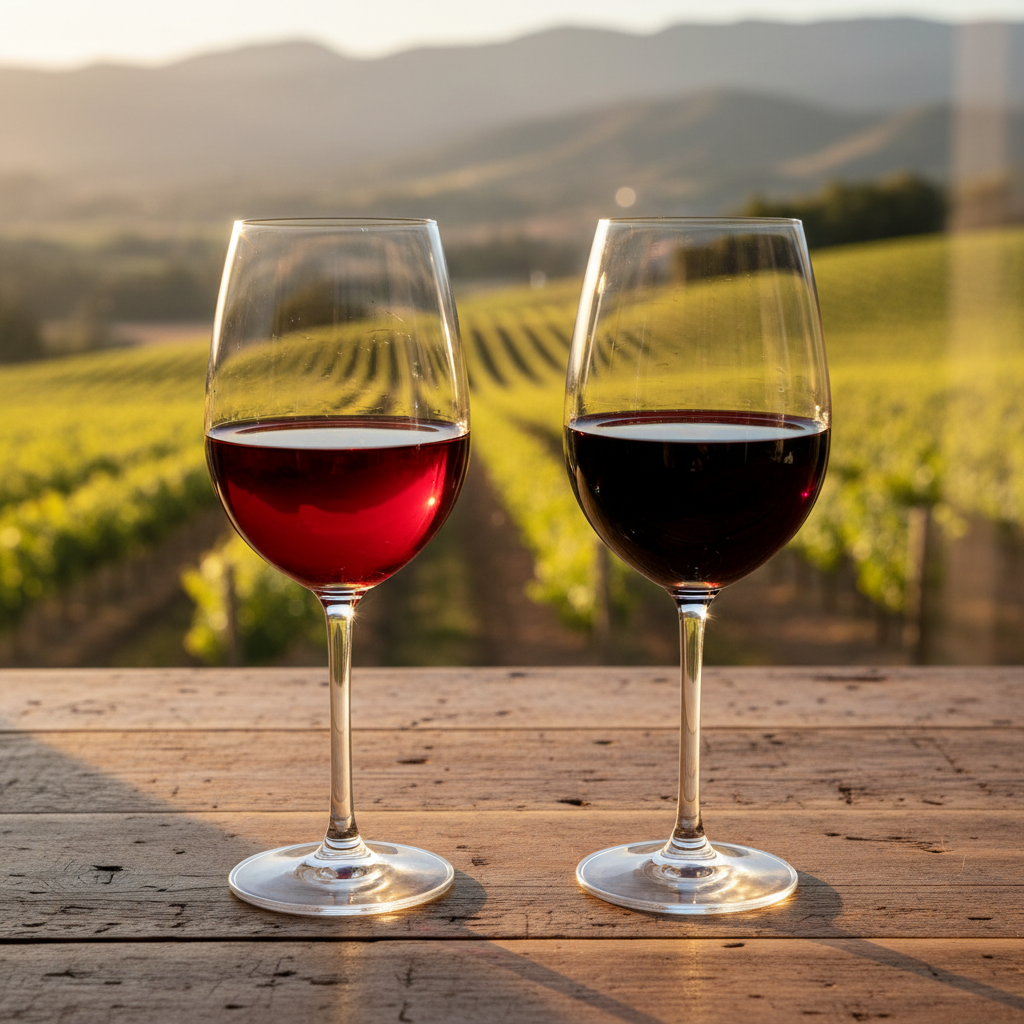 Duas taças de vinho tinto intenso, uma com tonalidade rubi vibrante e outra com roxo profundo, em uma mesa rústica de madeira com um vinhedo ensolarado ao fundo, simbolizando a comparação entre Saperavi e Malbec.
