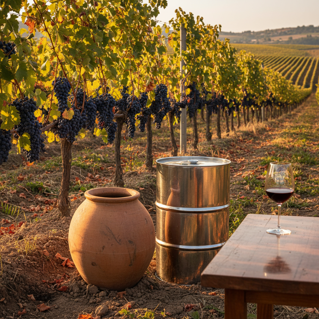 Vinhedo com uvas Saperavi maduras, um qvevri tradicional e um barril moderno, com uma taça de vinho tinto. Cena que representa a jornada global da uva Saperavi, combinando tradição e modernidade.
