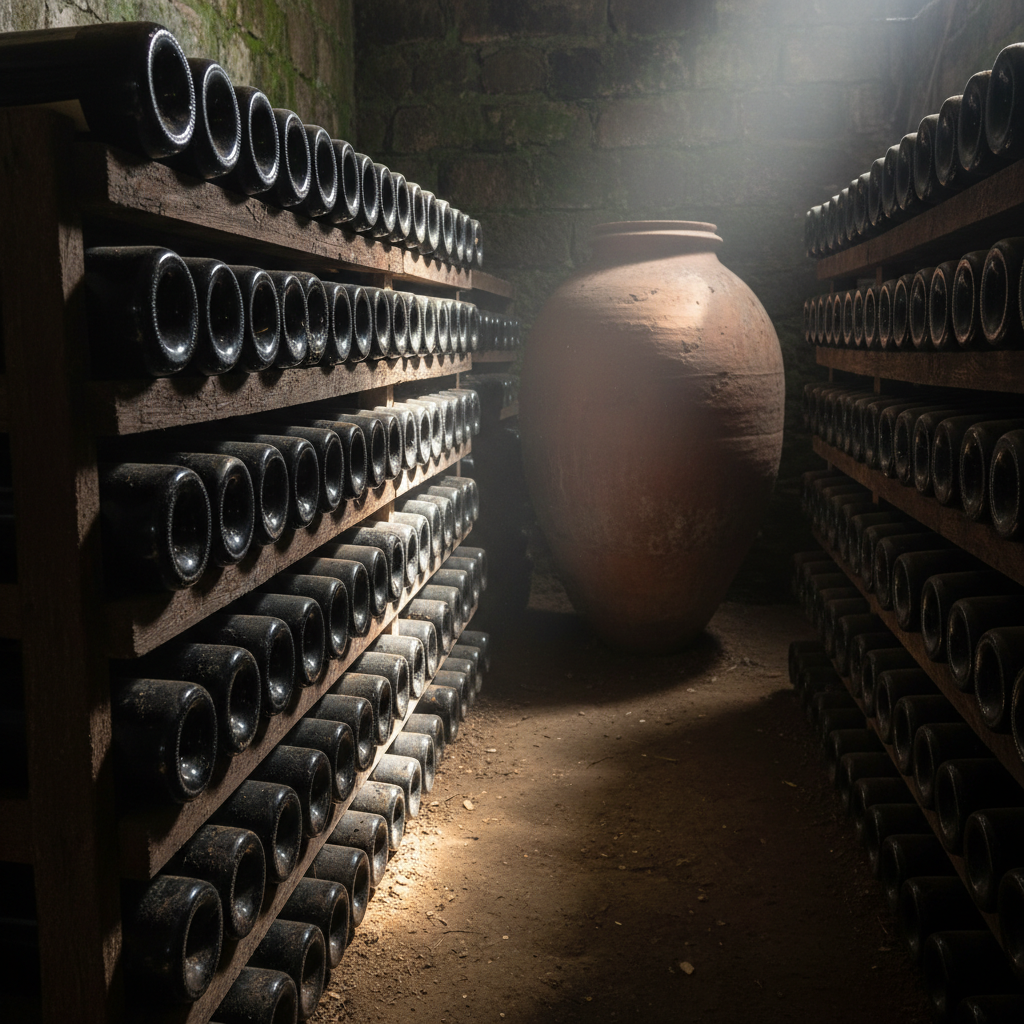 Garrafas de vinho Saperavi envelhecendo em adega georgiana com Qvevri ao fundo.