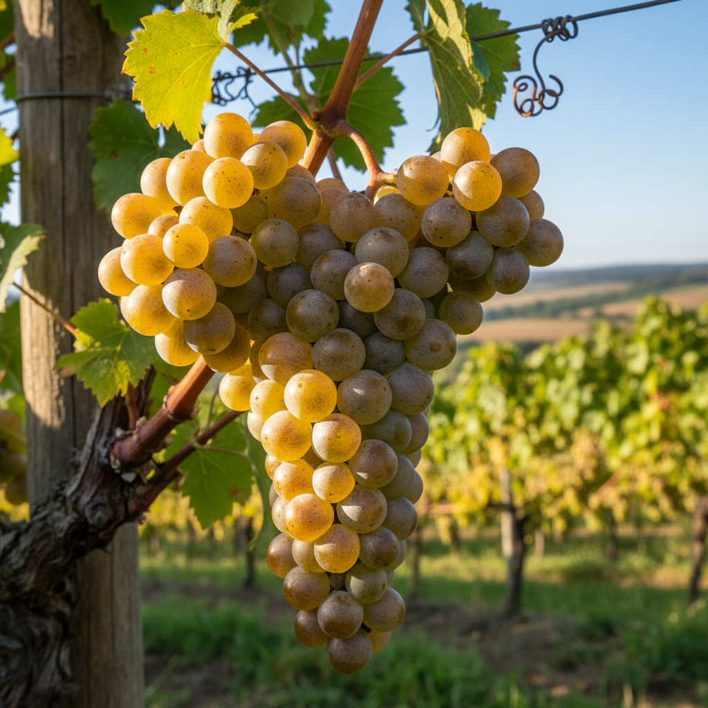 Cacho de uvas Scheurebe maduras penduradas em uma videira sob o sol em um vinhedo alemão.