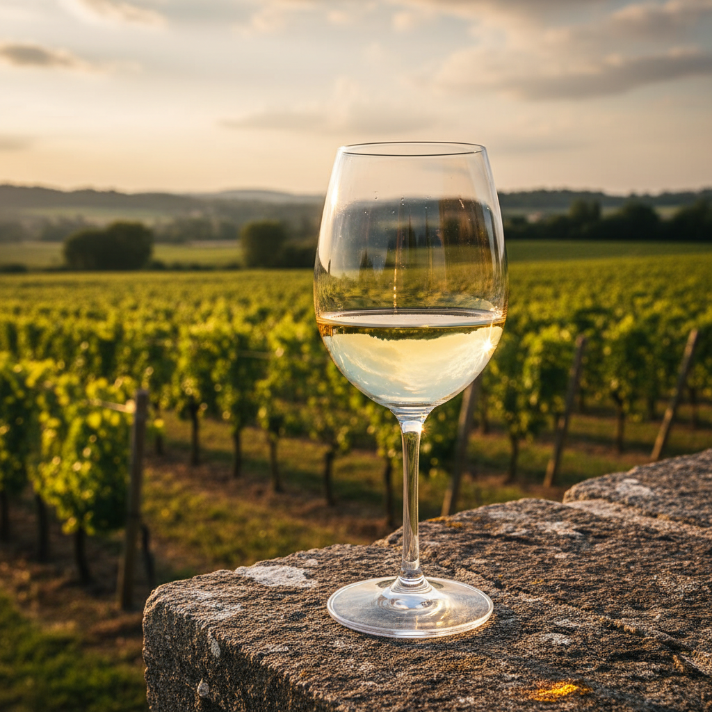 Taça de vinho branco Scheurebe, com reflexos dourados, sobre um fundo de vinhedos verdes sob o sol, transmitindo a frescura e a origem da uva.