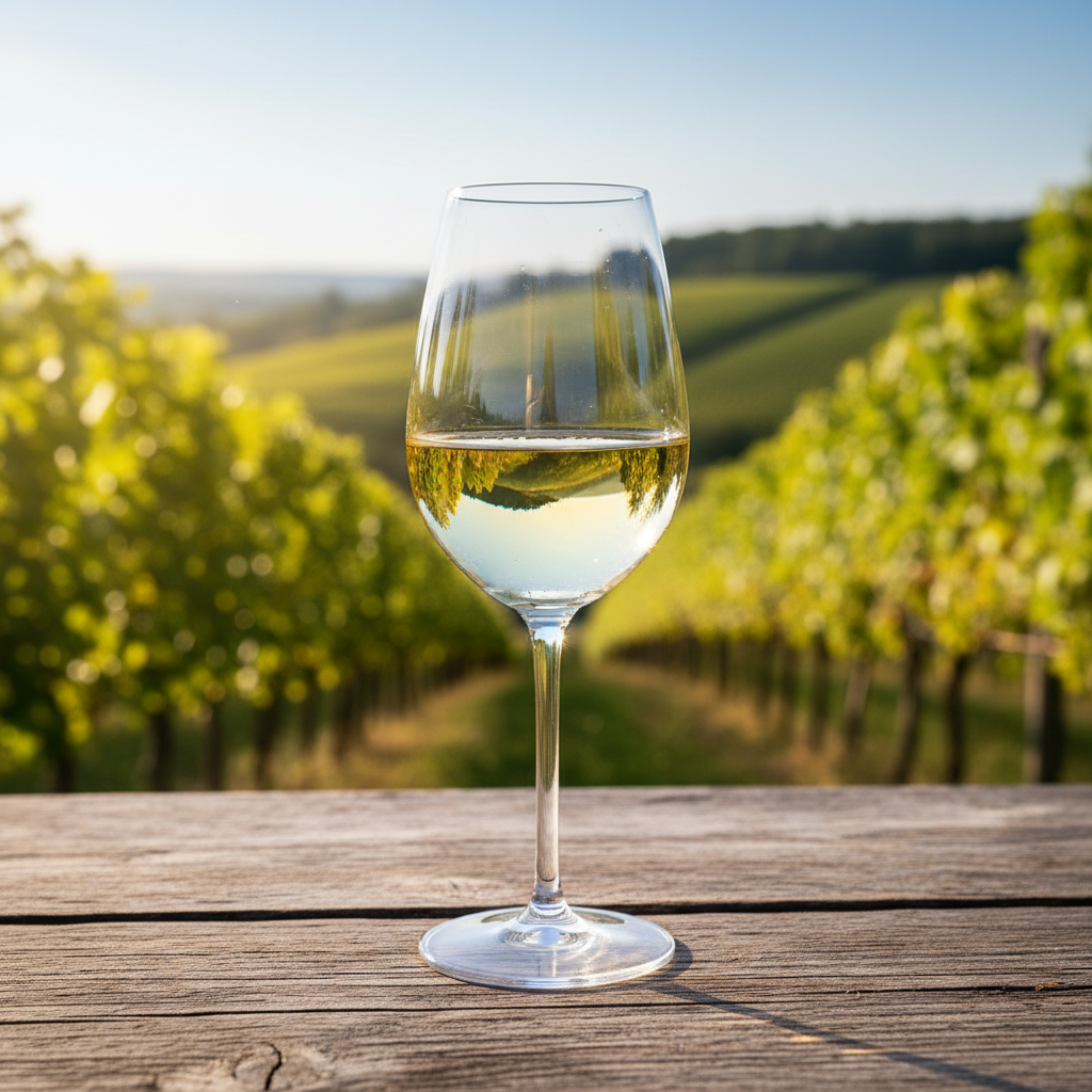 Taça de vinho branco Scheurebe com fundo desfocado de vinhedo ensolarado e mesa de madeira rústica.