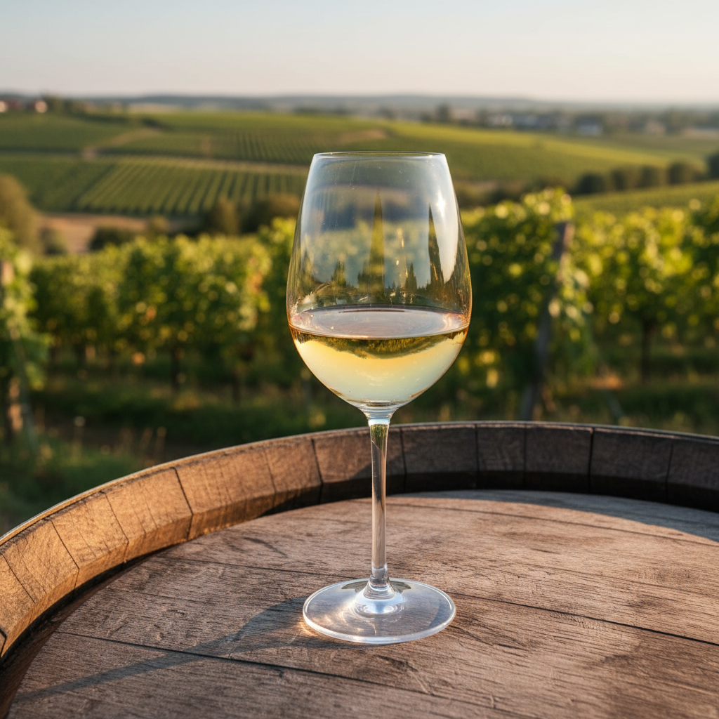 Taça de vinho branco Scheurebe com tonalidade dourada, repousando sobre um barril de carvalho em um vinhedo alemão ensolarado.