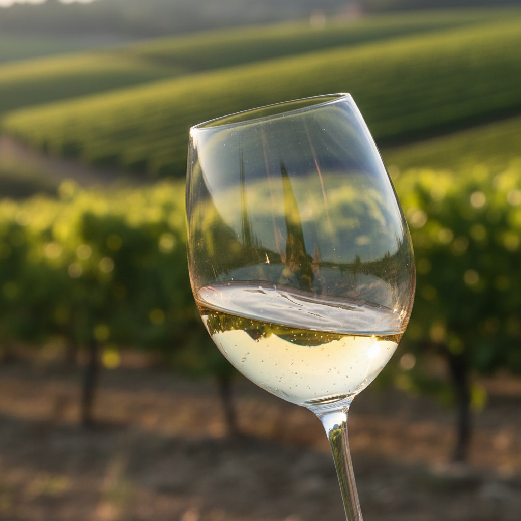 Taça de vinho Scheurebe de cor dourada clara com vinhedos verdes ao fundo sob a luz do sol, simbolizando a diversidade de estilos da uva.
