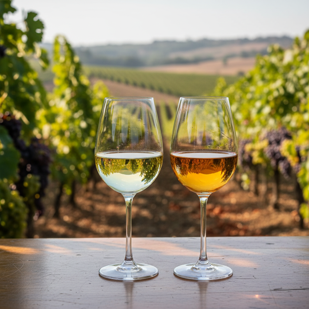Duas taças de vinho branco, uma com Scheurebe e outra com Riesling, em uma mesa de madeira em um vinhedo ensolarado.