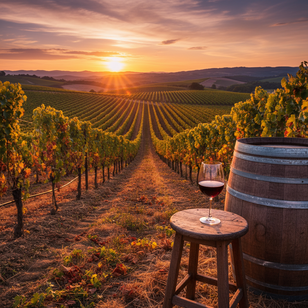 Vinhedo ao pôr do sol com barril de carvalho e taça de vinho tinto, evocando a beleza da produção de vinhos Schiava.