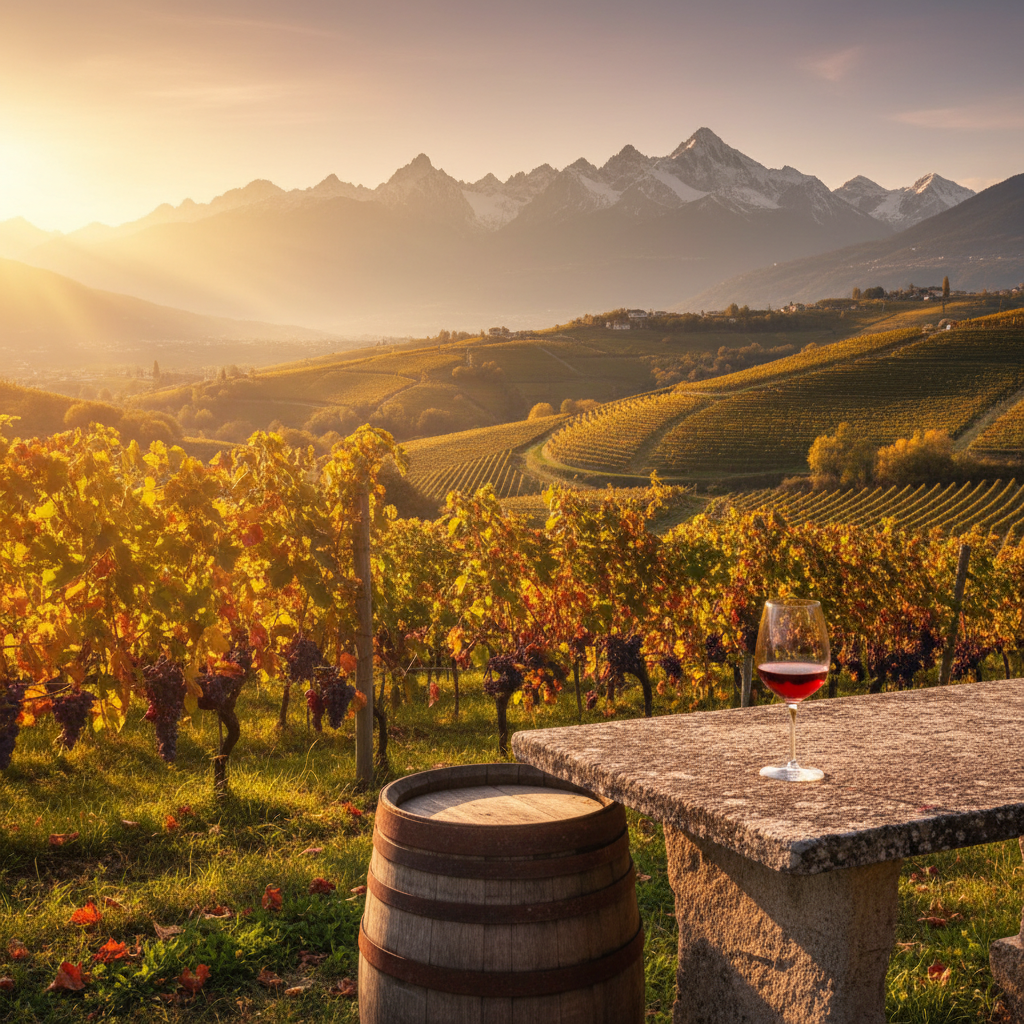 Vinhedo de Schiava no Trentino com montanhas ao fundo e taça de vinho tinto, refletindo a rica história da uva.