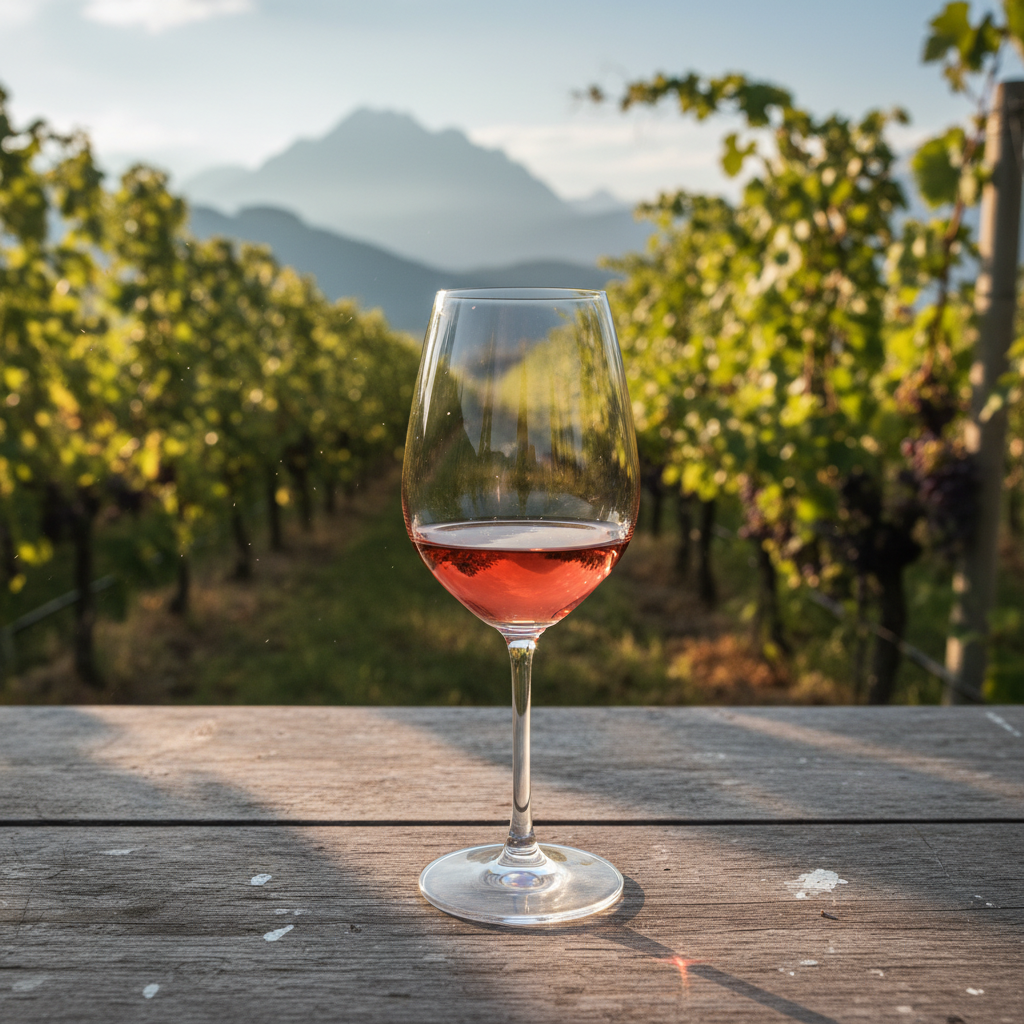 Taça de vinho tinto Schiava em uma mesa de madeira rústica em um vinhedo ensolarado no Alto Adige, Itália.