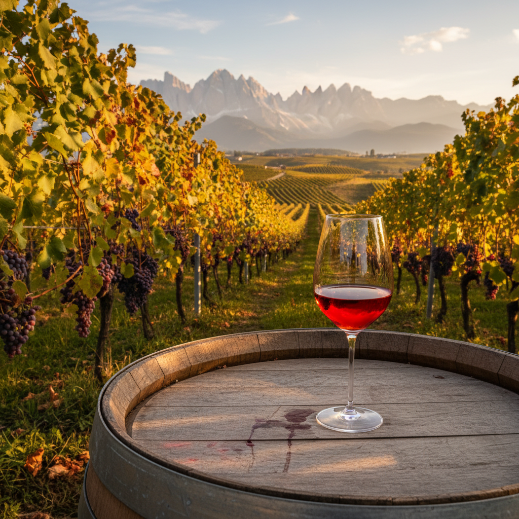Vinhedo orgânico de Schiava no Alto Adige ao pôr do sol, com uma taça de vinho tinto sobre um barril de madeira rústico.