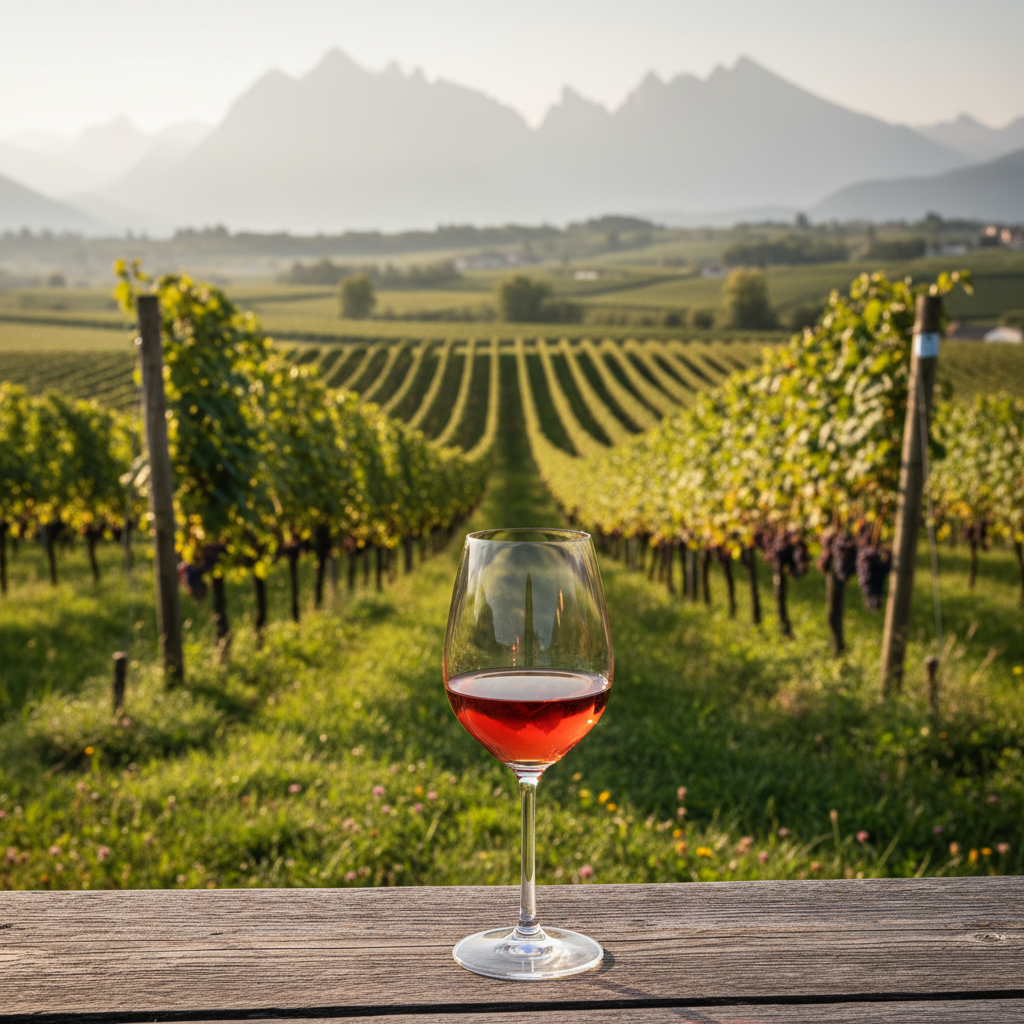 Taça de vinho Schiava com cor rubi clara em uma mesa rústica, tendo ao fundo um vinhedo ensolarado nas montanhas do Alto Adige, Itália.