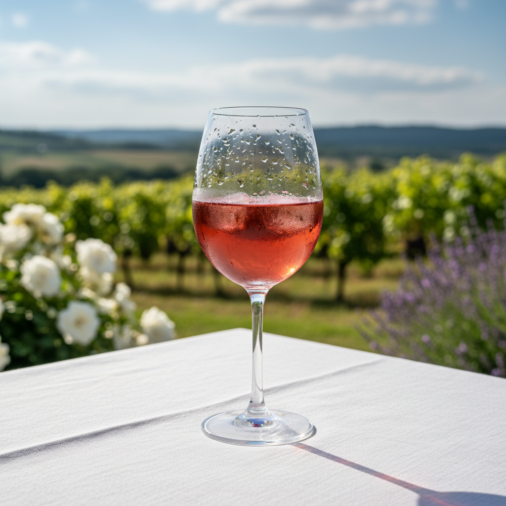 Uma taça de vinho tinto Schiava, leve e refrescante, com gotas de condensação, em um ambiente de verão ao ar livre, com um vinhedo ou jardim como pano de fundo.