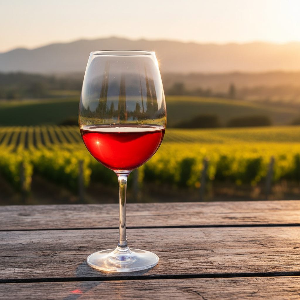 Taça de vinho tinto Schiava de cor rubi clara sobre mesa de madeira rústica, com vinhedos ensolarados ao fundo.