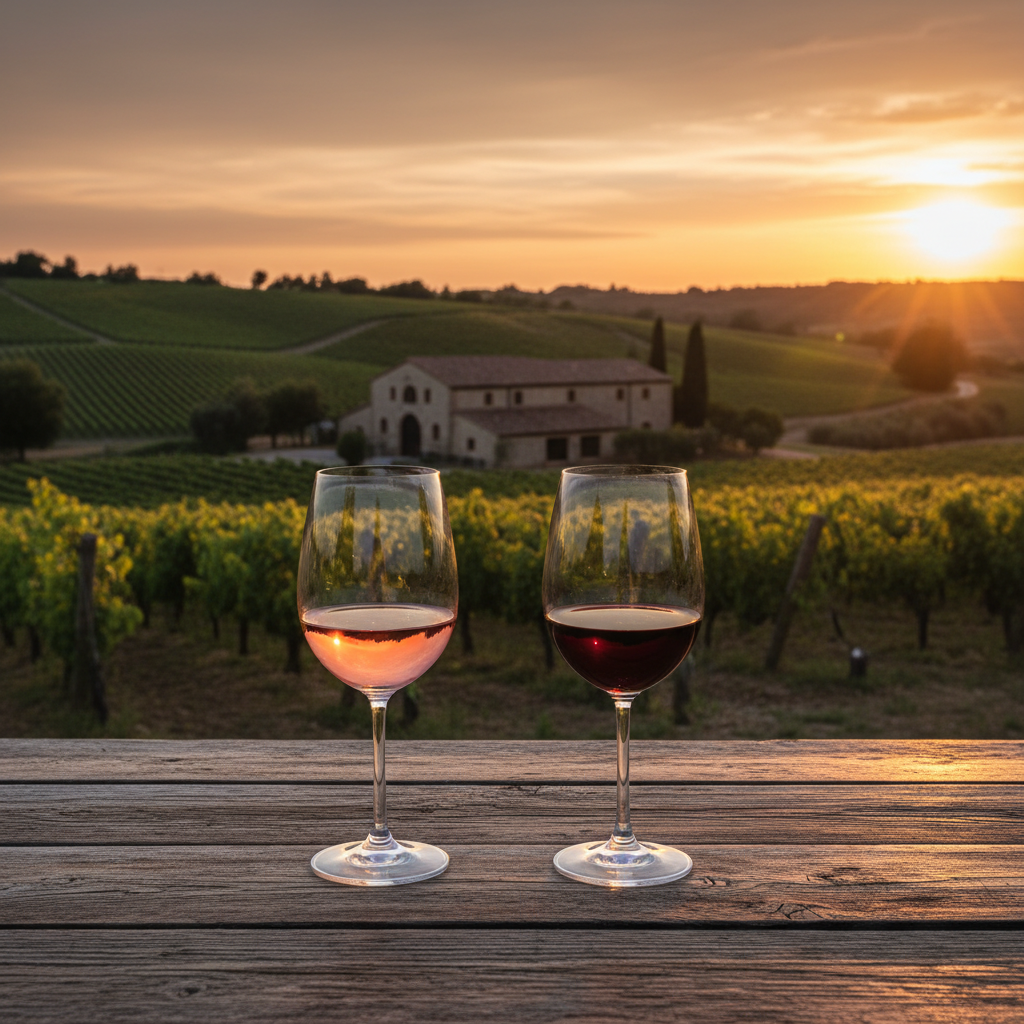 Duas taças de vinho tinto leve sobre uma mesa de madeira rústica em um vinhedo ao pôr do sol, com fileiras de videiras ao fundo.