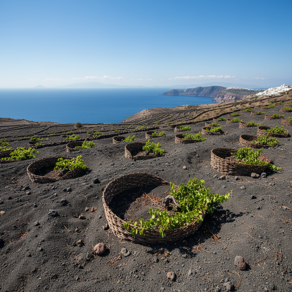 Vinhedo de Assyrtiko em Santorini, Grécia, com videiras em formato de cesto (kouloura) em solo vulcânico e pedregoso, sob um céu azul, com o mar Egeu ao fundo.