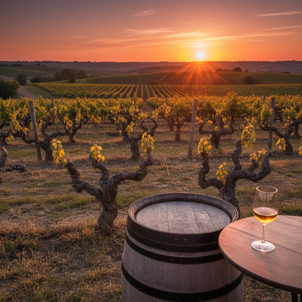 Vinhedo de Sémillon ao pôr do sol, com videiras antigas e um barril de madeira e taça de vinho em primeiro plano, transmitindo a história e elegância da uva.