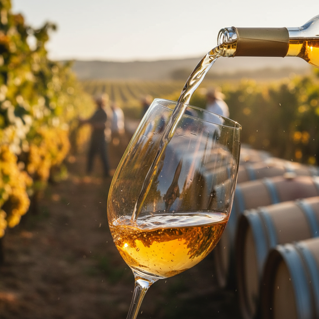 Uma taça de vinho Sémillon de cor dourada, com um vinhedo ensolarado e barris de carvalho desfocados ao fundo, simbolizando a tradição e o processo de vinificação.