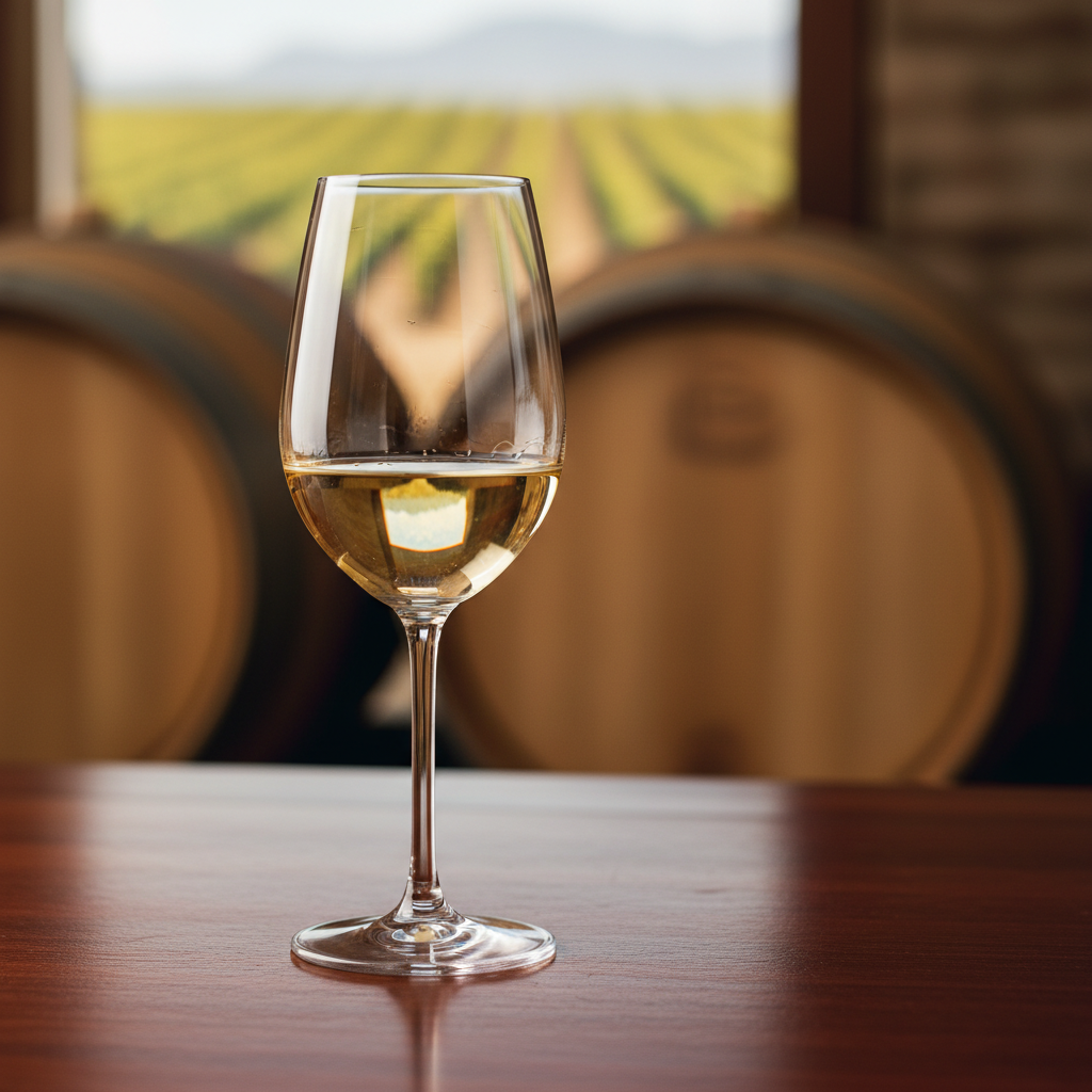 Taça de vinho Sémillon com líquido dourado sobre uma mesa de madeira escura, com o fundo desfocado de uma adega com barris de carvalho.