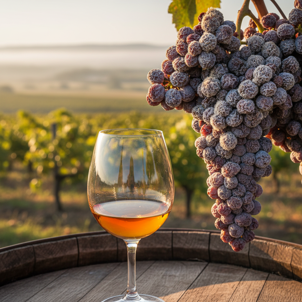 Uvas Sémillon com podridão nobre em um vinhedo ao pôr do sol, com uma taça de vinho doce dourado em um barril de carvalho.