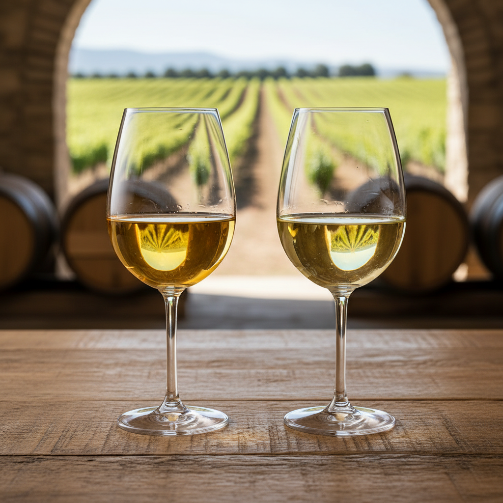 Duas taças de vinho, uma com Sémillon dourado e outra com Sauvignon Blanc mais pálido, em uma mesa de madeira com um vinhedo ensolarado e barris de carvalho ao fundo.