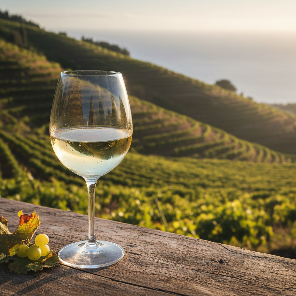 Taça de vinho branco Sercial, de cor clara e brilhante, sobre uma mesa de madeira rústica, com um vinhedo ensolarado em socalcos na ilha da Madeira ao fundo, transmitindo frescor e elegância.