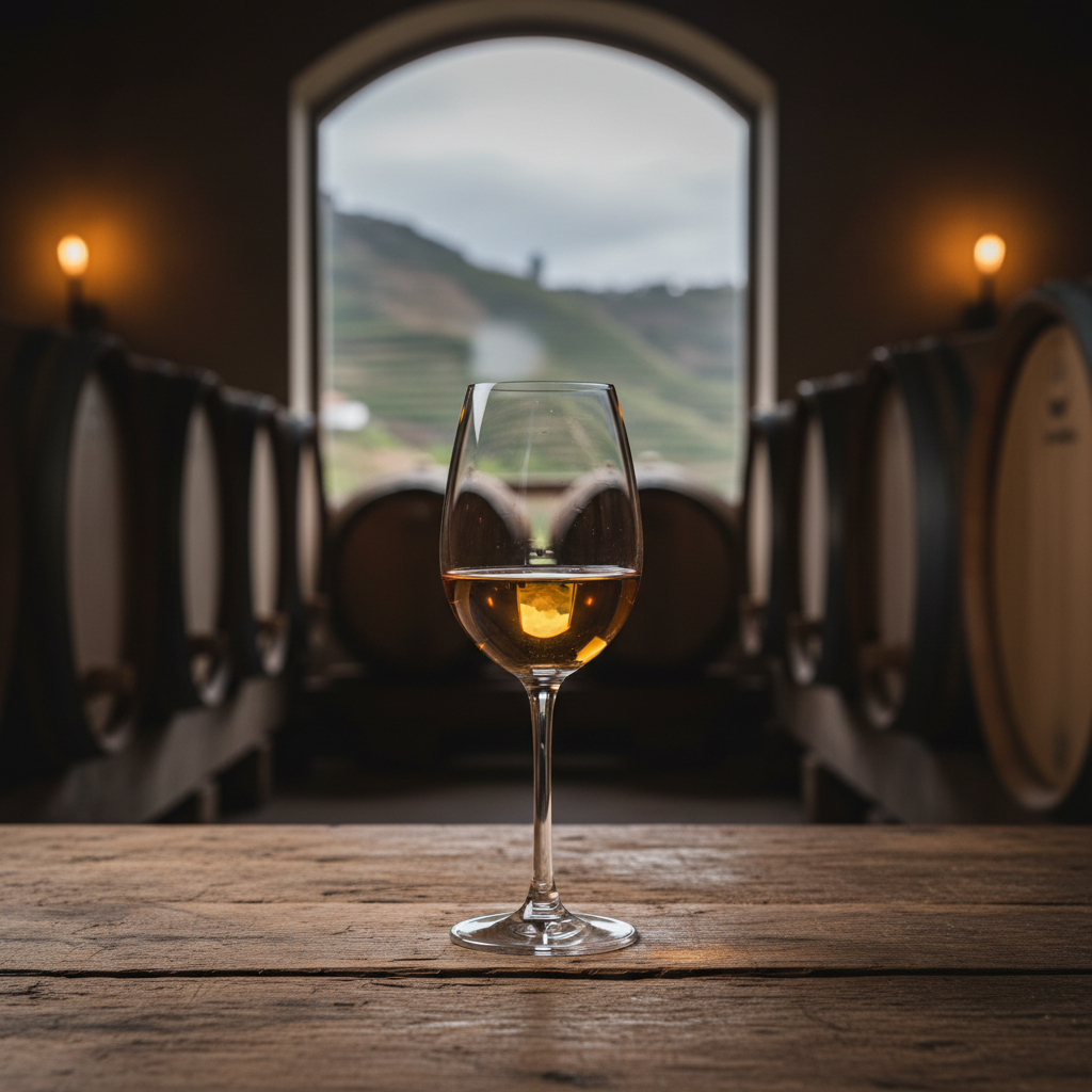 Taça elegante de vinho Sercial em mesa de madeira rústica, com barris de vinho e vinhedo ao fundo, simbolizando a degustação e armazenamento ideal.