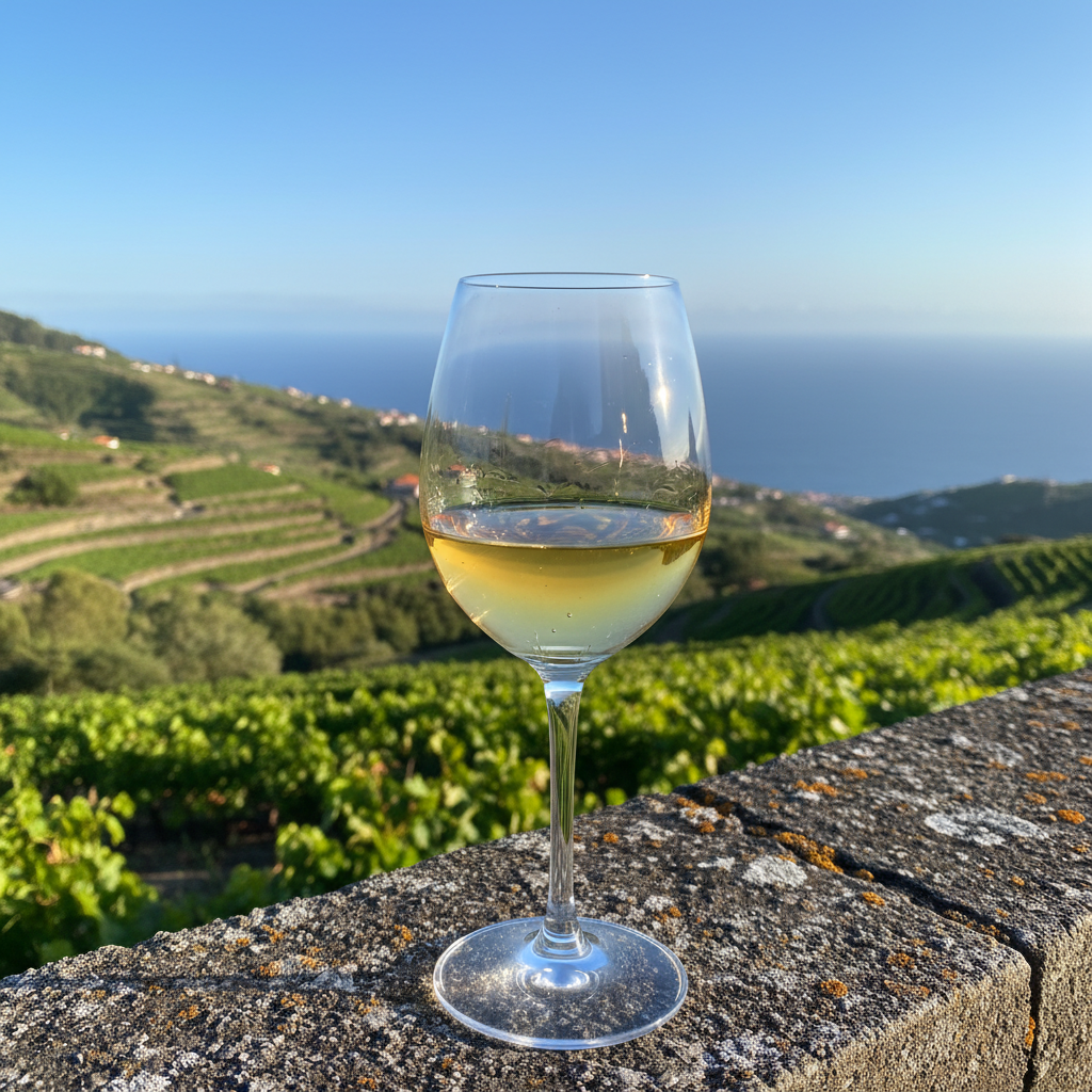 Taça de vinho Sercial Madeira seco, de cor dourada pálida, sobre um muro de pedra, com vista panorâmica para os vinhedos em socalcos da Ilha da Madeira e o Oceano Atlântico.
